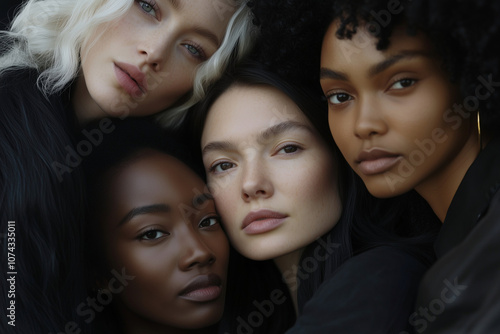 Four women with different hair colors and features are posing for a photo. Scene is lighthearted and fun, as the women are smiling and enjoying each other's company