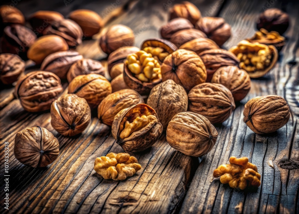 High Dynamic Range Image of Walnuts on a Rustic Wooden Table for Culinary Inspiration High Dynamic Range Image of Walnuts on a Rustic Wooden Table for Culinary Inspiration