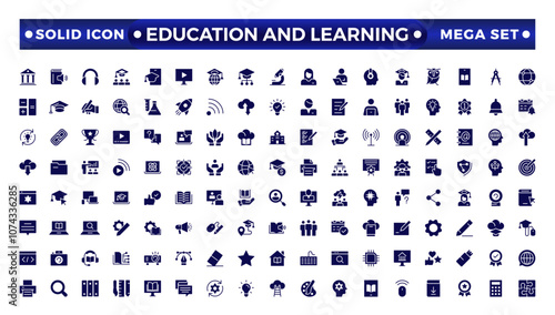 Education and Learning solid icons set. Education, School, Learning, university, textbook.Containing video tuition, e-learning, online courses, educational websites, and digital education icons. 
