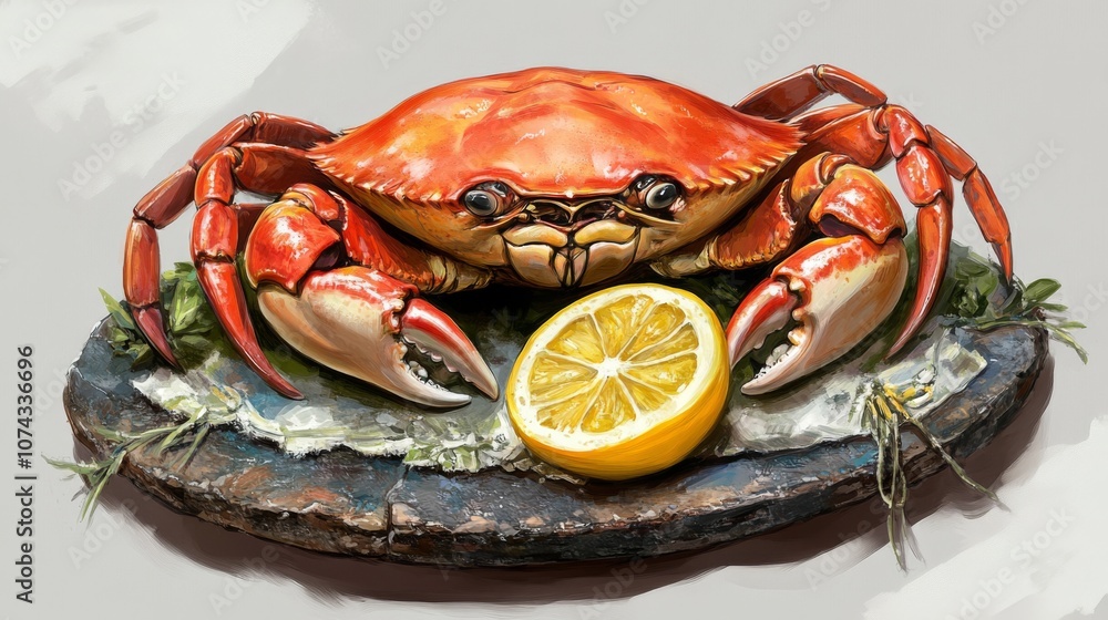 Rustic seafood platter with whole crab and freshly cut lemon Rustic seafood platter with whole crab and freshly cut lemon