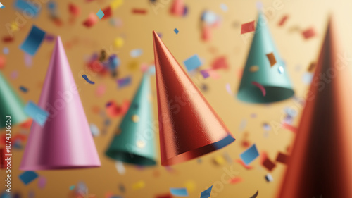 party hats, streamers and confetti, Festive Background, newyear celebrate background, Pastel color photo