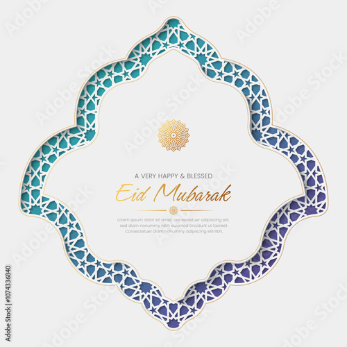 Eid Mubarak colorful Islamic greeting card with Arabic style pattern and border frame