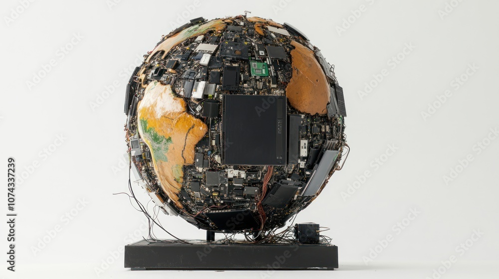 A globe made from electronic waste, highlighting technology's impact on the environment. A globe made from electronic waste, highlighting technology's impact on the environment.