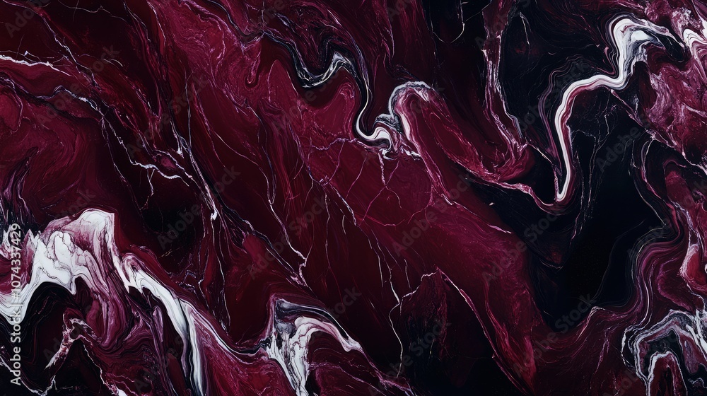 Obraz premium Dark red and burgundy marble panoramic texture background, featuring swirling white and black veins, creating a dramatic and intense design. This texture adds a bold statement