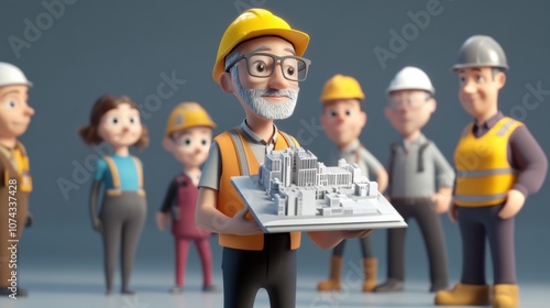 Cartoon Civil Engineer Holding Model of Building Design photo