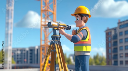 Cartoon Civil Engineer with 3D Equipment and Hard Hat photo