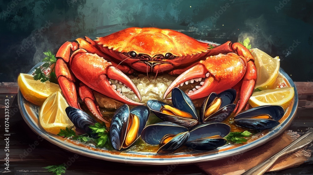 Gourmet seafood platter with crab legs, mussels, and lemon wedges Gourmet seafood platter with crab legs, mussels, and lemon wedges