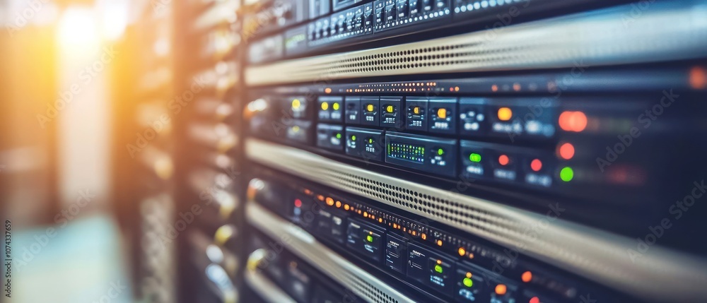 Close-up of server racks with illuminated indicators, showcasing data center technology. Close-up of server racks with illuminated indicators, showcasing data center technology.