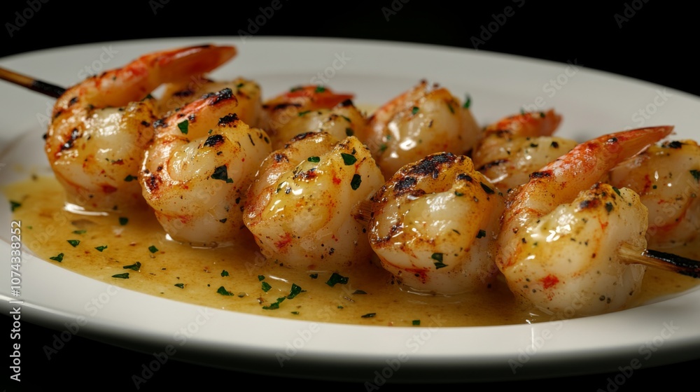 Close-up of grilled shrimp with garlic butter sauce on a skewer Close-up of grilled shrimp with garlic butter sauce on a skewer