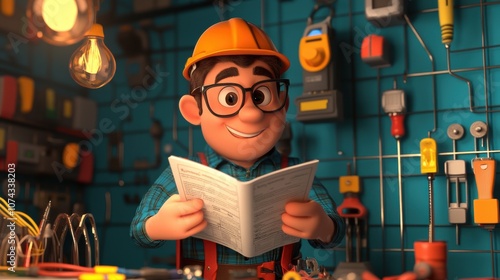 Cartoon Electrician Character Reading Manual in Workshop