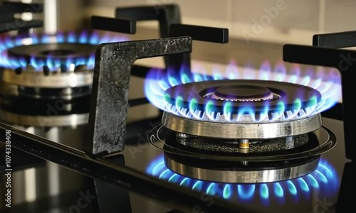 Blue gas flame ignition on modern kitchen stove demonstrates efficient energy use photo