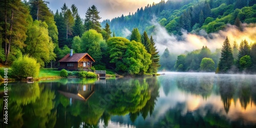 Immerse yourself in a misty lakeside retreat, featuring a serene cottage, cozy cabin vibes, tranquil nature, peaceful reflections, foggy mornings, and stunning picturesque landscapes.