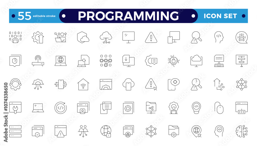 Programming Outline icon set. Contains linear outline icons like Web Development, Code, Website, Cloud, App, Data, Software, Algorithm, Api, Build, Program. Editable stroke outline icon.
Programming Outline icon set. Contains linear outline icons like Web Development, Code, Website, Cloud, App, Data, Software, Algorithm, Api, Build, Program. Editable stroke outline icon.