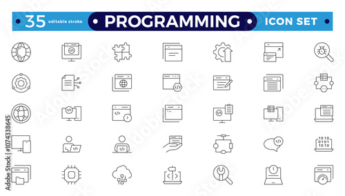 Programming Outline icon set. Contains linear outline icons like Web Development, Code, Website, Cloud, App, Data, Software, Algorithm, Api, Build, Program. Editable stroke outline icon.
