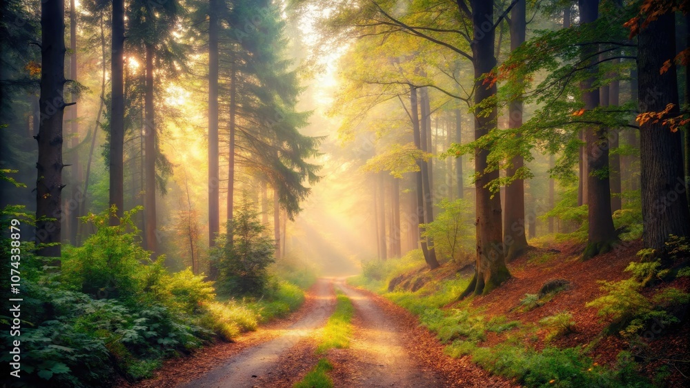 Fototapeta premium In a dreamy landscape, soft fog envelops a serene path, where early light filters through trees, creating a rustic charm that whispers of nostalgic journeys.