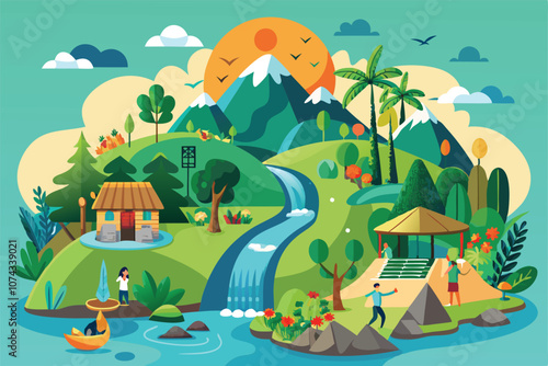 Visitors explore an idyllic landscape featuring lush mountains, a river, and charming accommodations, Eco-tourism Customizable Unequal Illustration