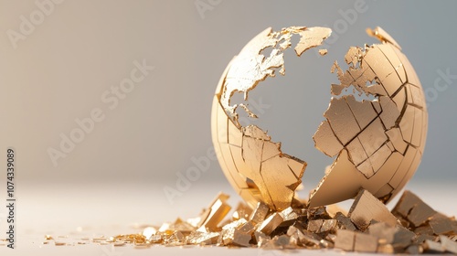 Fototapeta Naklejka Na Ścianę i Meble -  Global Fragmentation: Close-Up of Broken Globe with Scattered Pieces Symbolizing Trade Disruption