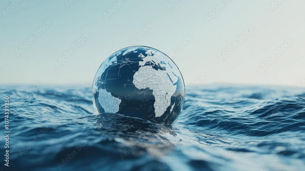 Glass Globe Over Water with Earth Map Representation Glass Globe Over Water with Earth Map Representation