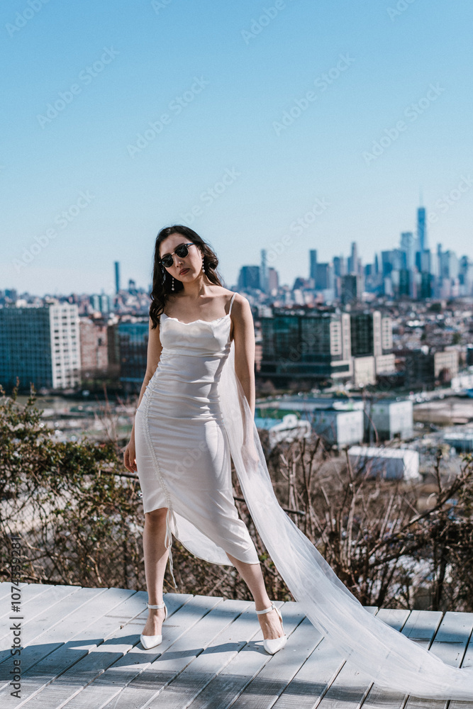 Fototapeta premium Stylish Model Dressed Elegantly Poses Against a Beautiful City Skyline Backdrop