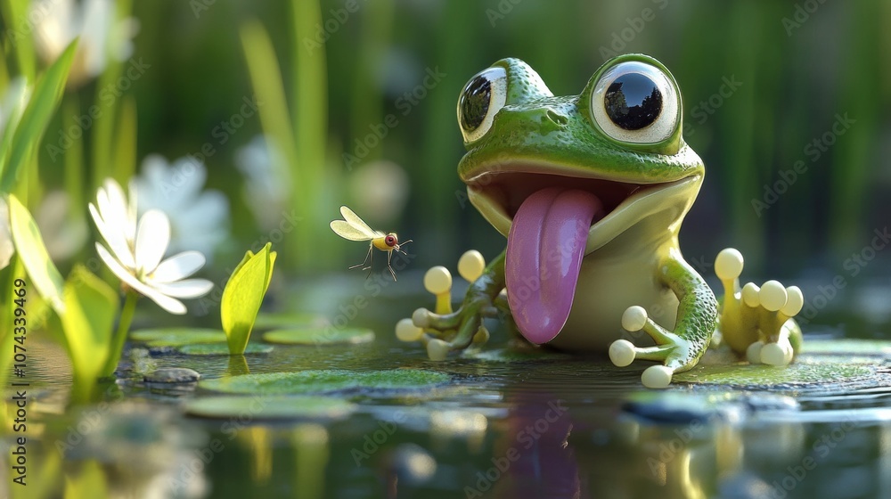 Cartoon Frog with Large Eyes in Nature Scene Cartoon Frog with Large Eyes in Nature Scene