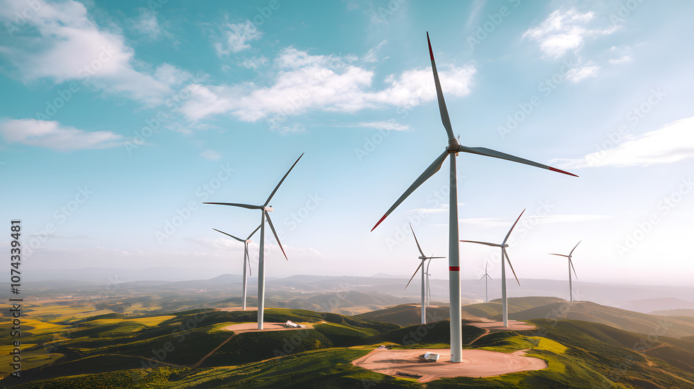 A scenic view of a wind farm with multiple wind turbines on landscape under a cloudy sky. A scenic view of a wind farm with multiple wind turbines on landscape under a cloudy sky.