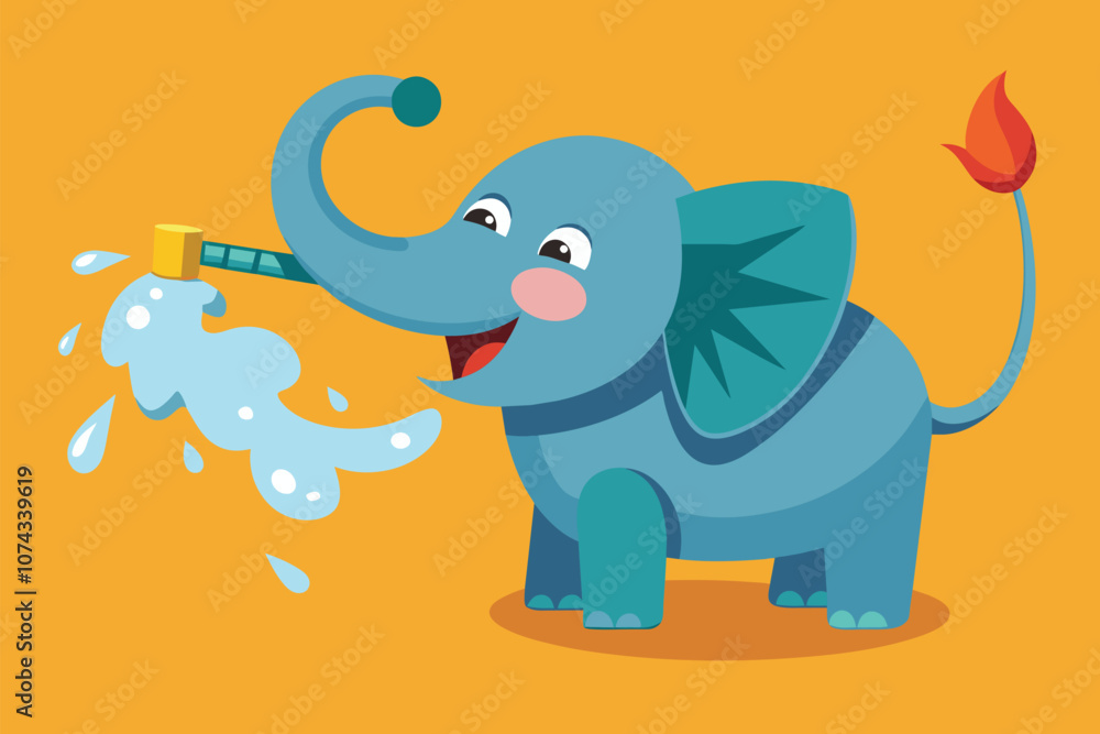 Obraz premium An elephant joyfully sprays water while playfully enjoying the flat terrain under the sun, Elephant playfully sprays water from trunk in flat illustration.