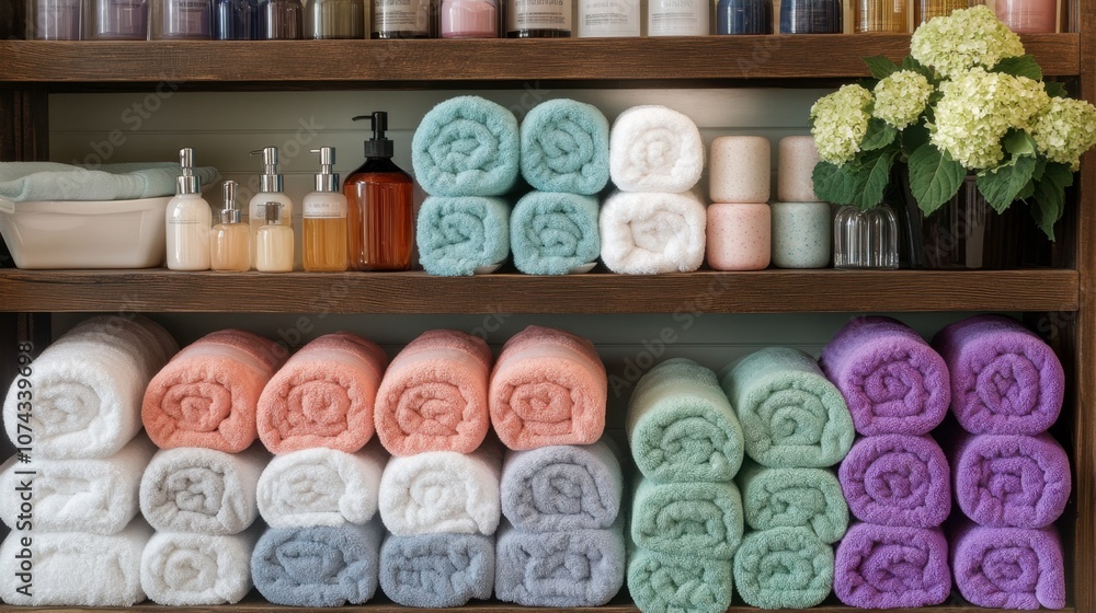 Neatly Stacked Towels and Spa Products on Wooden Shelf Neatly Stacked Towels and Spa Products on Wooden Shelf