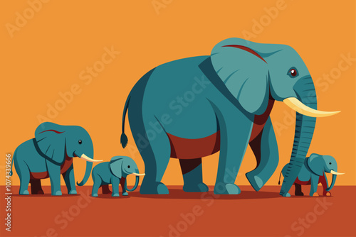 An elephant family strolls together, with the youngest trailing behind the larger adults, showcasing unity, Elephant family walking in a row, smallest one at the back, flat illustration.