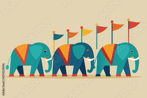 Three elephants march in a line decorated with bright flags, showcasing a festive atmosphere, Elephants in a line with colorful flags on their backs, flat illustration.