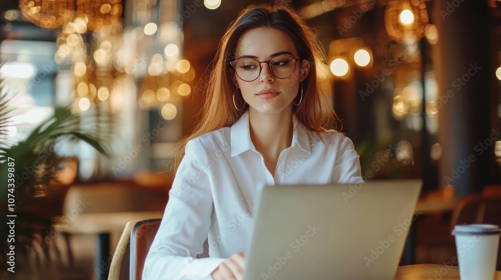A woman working on a laptop in a cozy café setting with warm lighting. A woman working on a laptop in a cozy café setting with warm lighting.