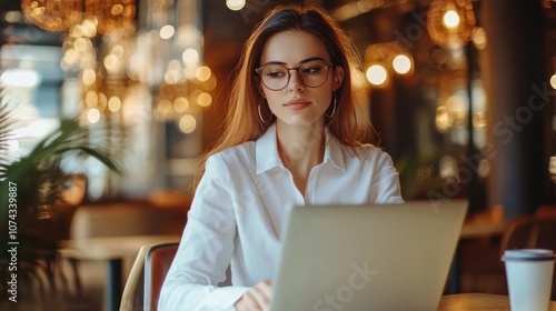 A woman working on a laptop in a cozy café setting with warm lighting.