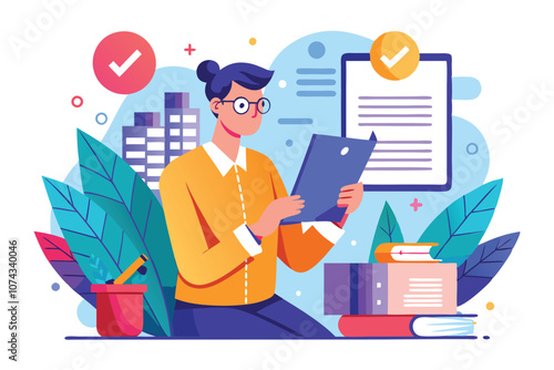 An employee carefully reviews a contract, surrounded by books and vibrant plants in a contemporary office, Employee reading contract in a flat illustration.