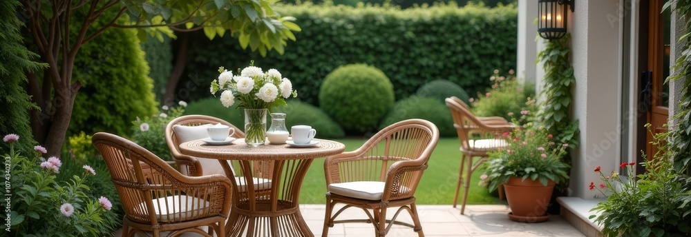 Fototapeta premium A table with four chairs and a vase of flowers in the middle