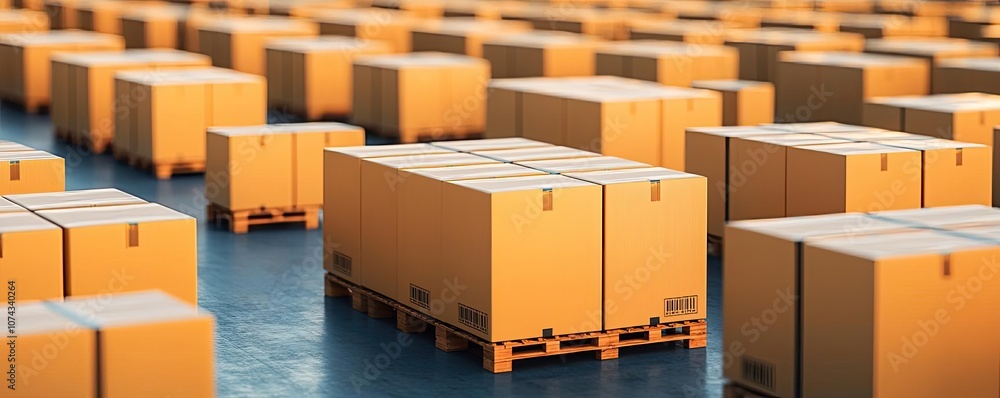 Boxes stacked on pallets in a warehouse, organized storage for efficient logistics. Boxes stacked on pallets in a warehouse, organized storage for efficient logistics.