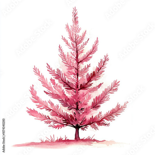 Watercolor Charming Pink Yew Tree Illustration