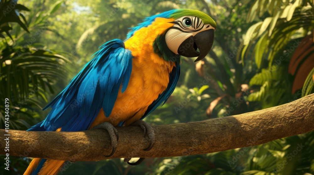 Colorful 3D Cartoon Parrot Perched on Branch Colorful 3D Cartoon Parrot Perched on Branch