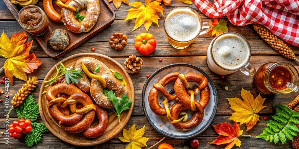 Indulge in a vibrant Oktoberfest feast featuring pretzels, beer, and sausages, celebrating rich German cuisine perfect for festive gatherings and joyful celebrations. Indulge in a vibrant Oktoberfest feast featuring pretzels, beer, and sausages, celebrating rich German cuisine perfect for festive gatherings and joyful celebrations.
