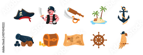 Cartoon Pirate Vector Set Featuring Treasure Map and Pirate Parrot