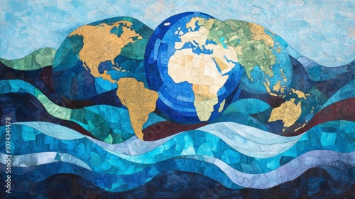 Colorful World Map with Abstract Ocean Waves Design photo