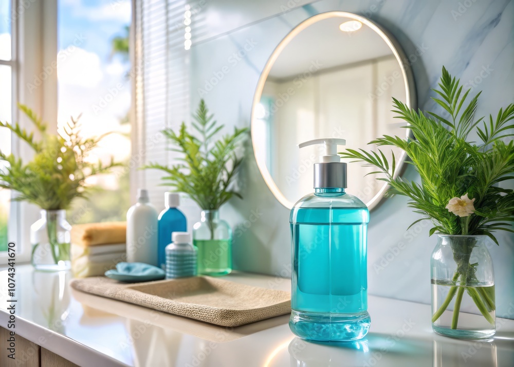 Fresh Start: A Serene Bathroom Scene Featuring a Bottle of Mouthwash on a Counter with a Reflective Mirror and Ample Copy Space for Text Overlay, Perfect for Wellness and Hygiene Themes Fresh Start: A Serene Bathroom Scene Featuring a Bottle of Mouthwash on a Counter with a Reflective Mirror and Ample Copy Space for Text Overlay, Perfect for Wellness and Hygiene Themes