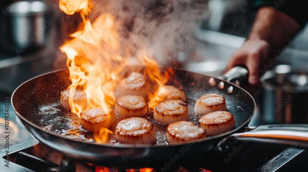 Close-up of scallops searing in a pan in a professional restaurant kitchen Close-up of scallops searing in a pan in a professional restaurant kitchen