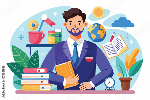 An English teacher in a lively classroom full of plants and books inspires her students, English teacher illustration