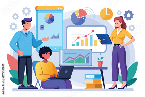 A team collaborates in an office, analyzing data on screens and discussing insights and strategies, Enhance data analyst training with simple illustrations.