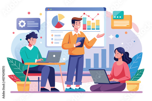 A group of data analysts collaborates on a project, engaging with visual analytics and technology tools, Enhance data analyst training with simple illustrations.