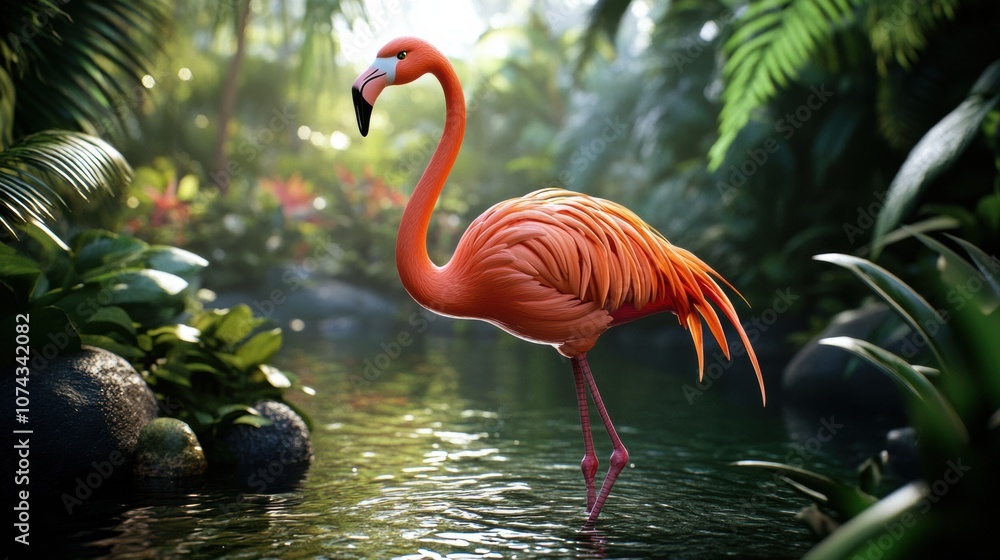 Fototapeta premium Cartoon Flamingo Standing on One Leg in Tropical Setting