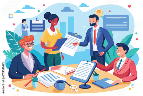 A group of entrepreneurs engage in discussions while signing work contracts in a vibrant office space, Entrepreneurs sign work contracts, simple illustration.