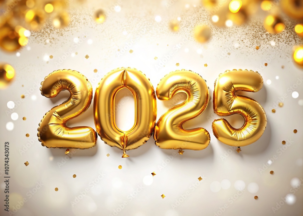 Golden Yellow Helium Balloons with New Year 2025 Numbers - Perfect for Celebrations, Party Invitations, and Anniversaries on a Bright White Background Golden Yellow Helium Balloons with New Year 2025 Numbers - Perfect for Celebrations, Party Invitations, and Anniversaries on a Bright White Background