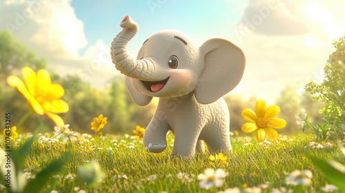 Wallpaper Mural Cute 3D Cartoon Elephant Waving Its Trunk in Nature Torontodigital.ca