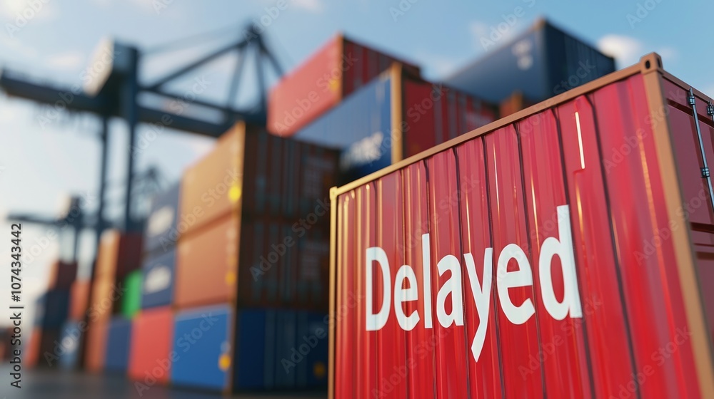 Frustrations of International Shipping: Close-Up of 'Delayed' Label on Container Background