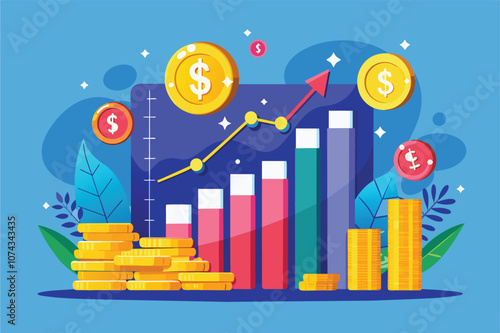 The visual showcases money growth data through charts, coins, and colorful bars in a vibrant setting, Examine the data on money growth, which shows no change.